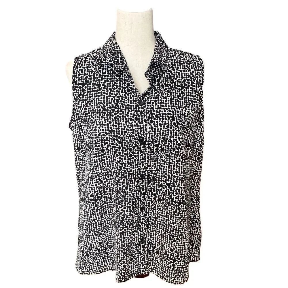George Womens Lightweight Sleeveless Button Up Blouse Black & White Size Large